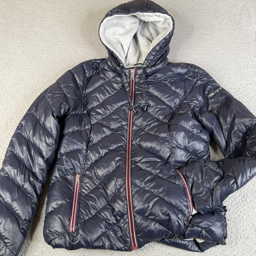 Nautica Puffer Jacket Womens M Navy Blue Chevron Quilted Hooded Full Zip Coat